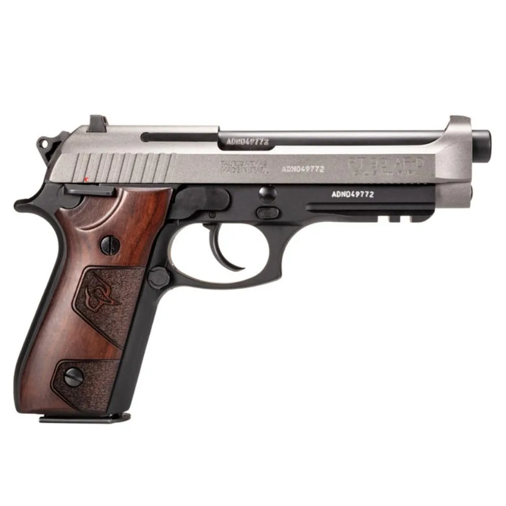 Taurus PT92 9mm Luger Handgun with 5" Barrel, 17rd Magazines, Black Silver Finish, and Wood Grips