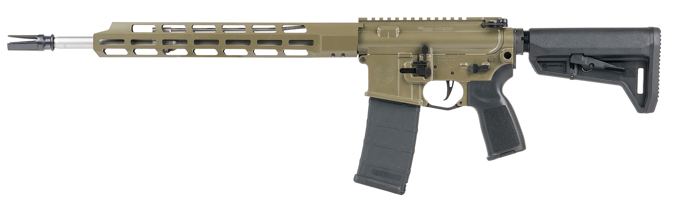 SIG SAUER M400 TREAD V2 5.56MM Rifle with 16-inch barrel, green finish, M-LOK handguard, and 30-round magazine