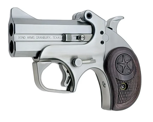 Bond Arms Texas Defender Handgun with .357 Mag/.38 Spl/.45LC/.410, 3-inch barrel, silver finish and rosewood grip